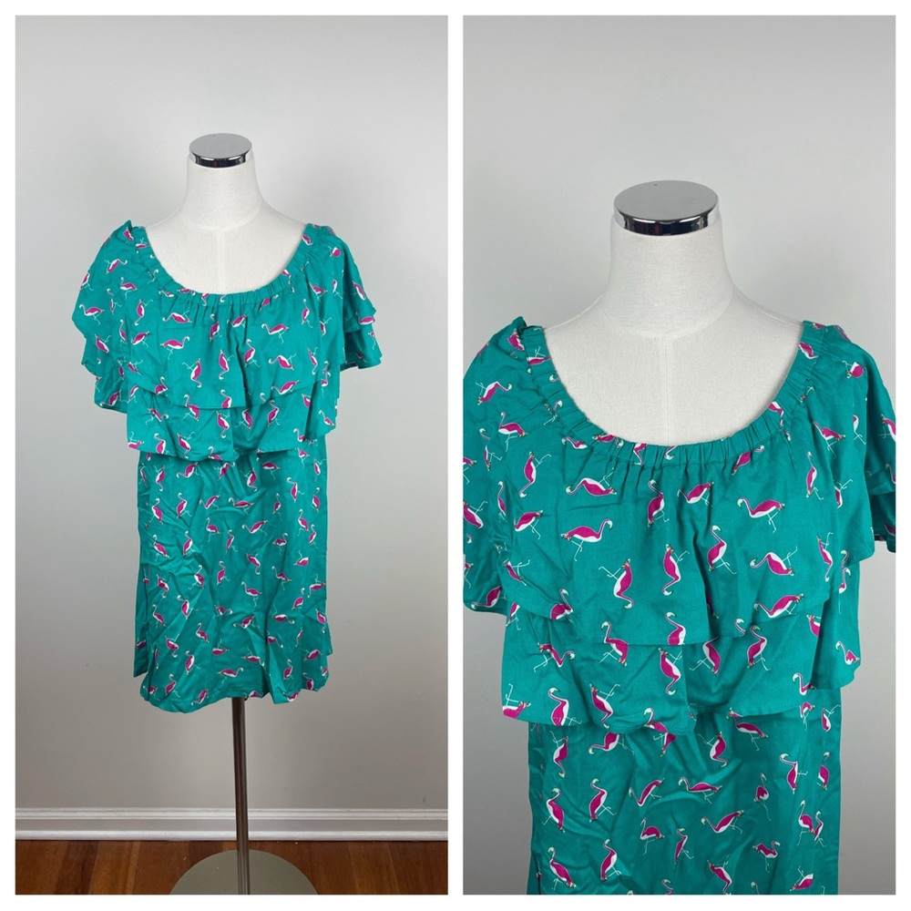 Escapada Living Green Pink Flamingo Ruffle Dress Women Large Tropical Casual